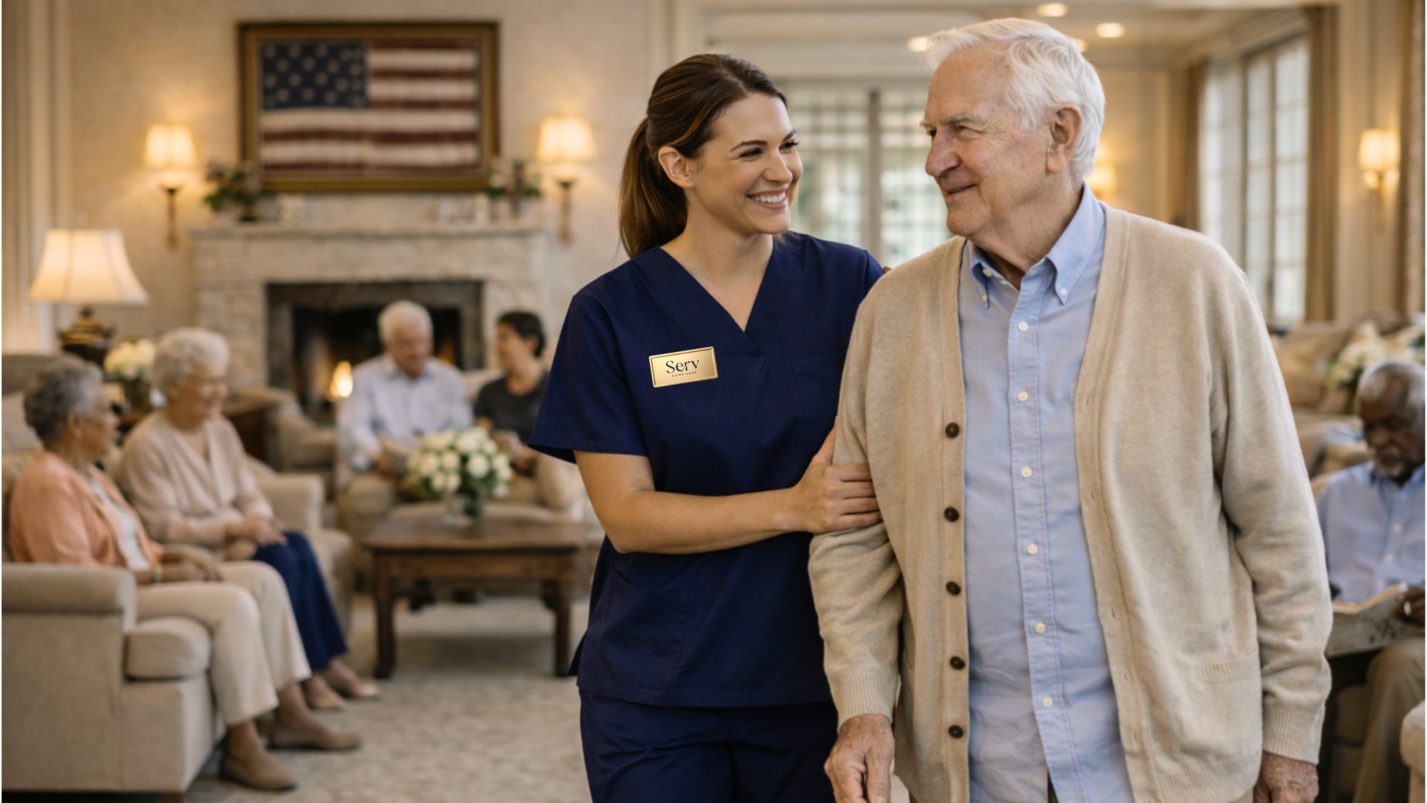 Serve Caregiving caregiver walking arm-in-arm with elderly client